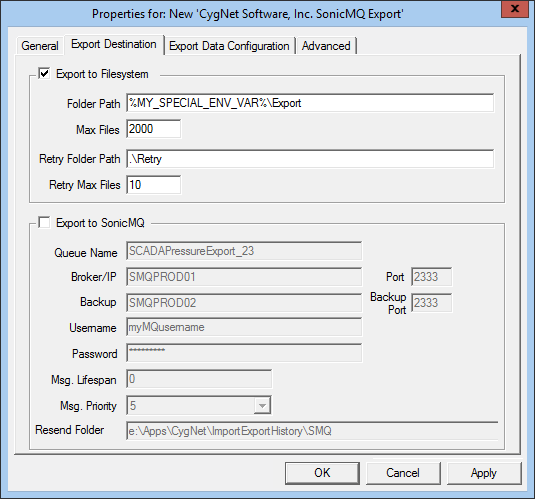 SonicMQ EIE - Export Destination Page